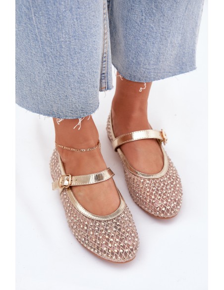 Decorated Women's Ballet Flats With Strap And Buckle Gold Avirae
