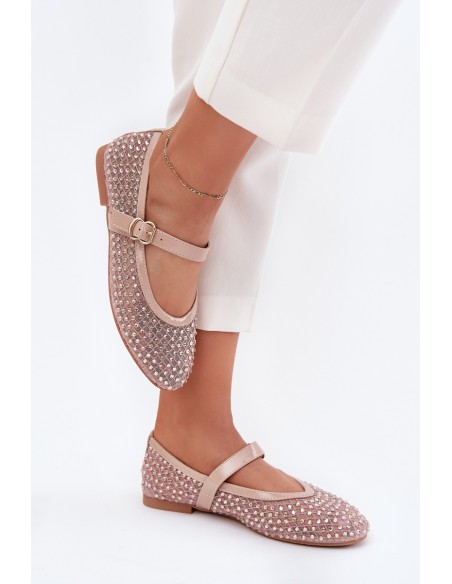 Embellished Women's Ballerinas With Strap And Buckle Beige Avirae