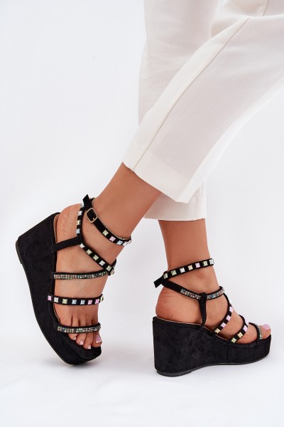 Wedge Sandals For Women With Decoration On Straps Black Lunara