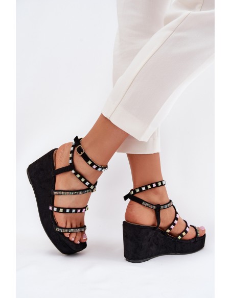 Wedge Sandals For Women With Decoration On Straps Black Lunara
