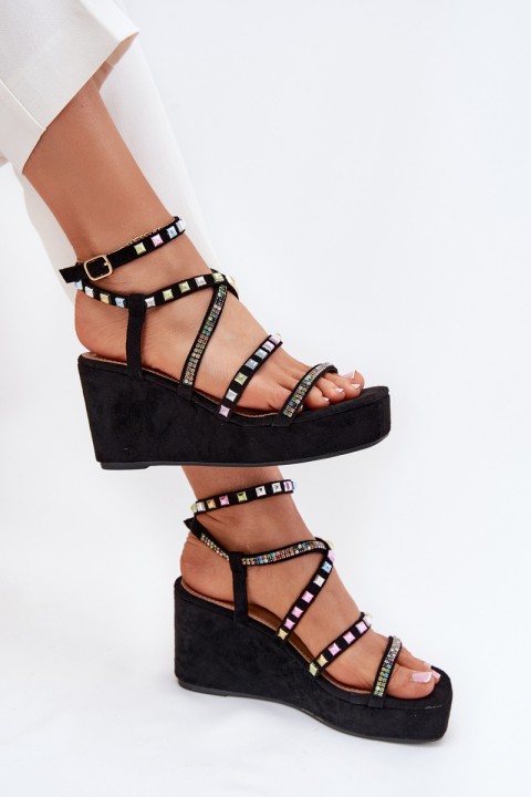 Wedge Sandals For Women With Decoration On Straps Black Lunara