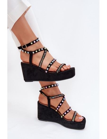Wedge Sandals For Women With Decoration On Straps Black Lunara