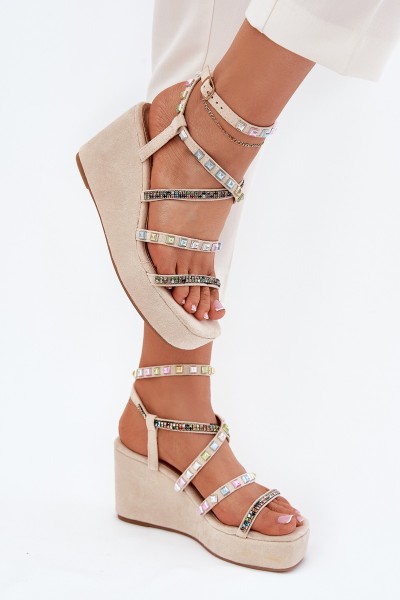 Women's Wedge Sandals With Decoration On Straps Beige Lunara