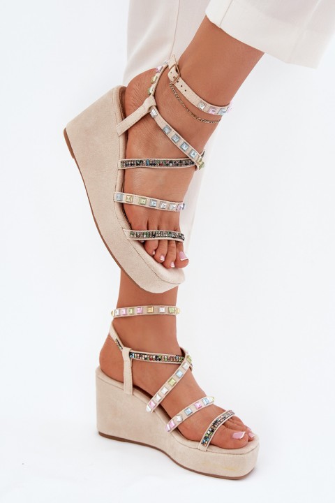 Women's Wedge Sandals With Decoration On Straps Beige Lunara