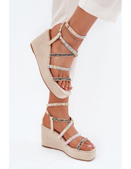 Women's Wedge Sandals With Decoration On Straps Beige Lunara