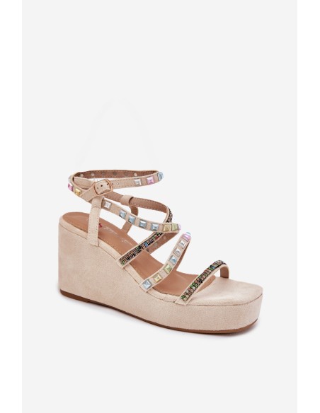 Women's Wedge Sandals With Decoration On Straps Beige Lunara