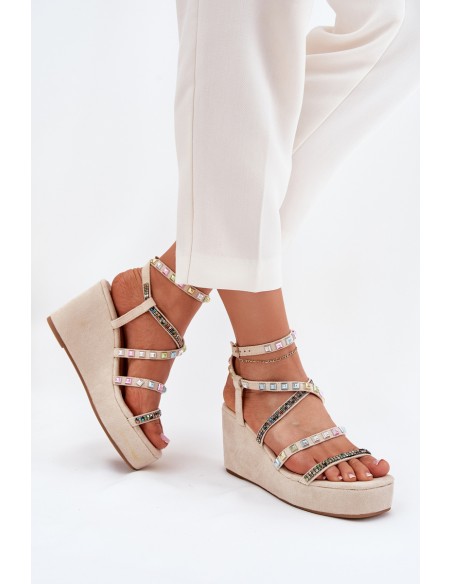 Women's Wedge Sandals With Decoration On Straps Beige Lunara