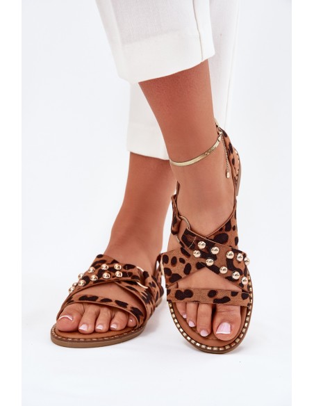 Womens sandals on flat heel with golden studs leopard print Zanira