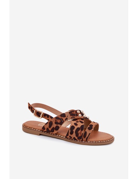 Womens sandals on flat heel with golden studs leopard print Zanira