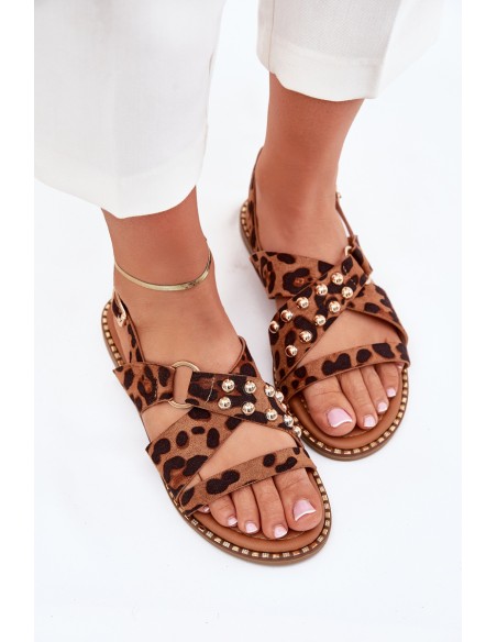 Womens sandals on flat heel with golden studs leopard print Zanira