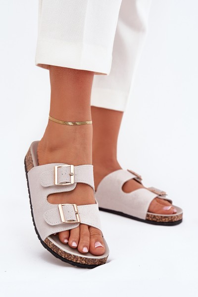 Women's sandals with golden buckles and stitching gray Lunera