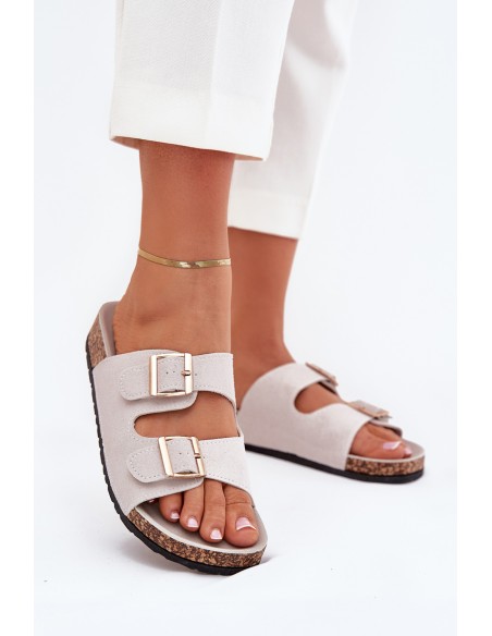 Women's sandals with golden buckles and stitching gray Lunera