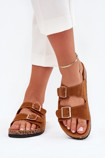 Moteriškos šlepetės su auksinėmis sagtimis ir siūlėmis Camel Lunera