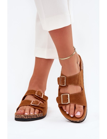 Women's Slippers With Golden Buckles And Stitching Camel Lunera