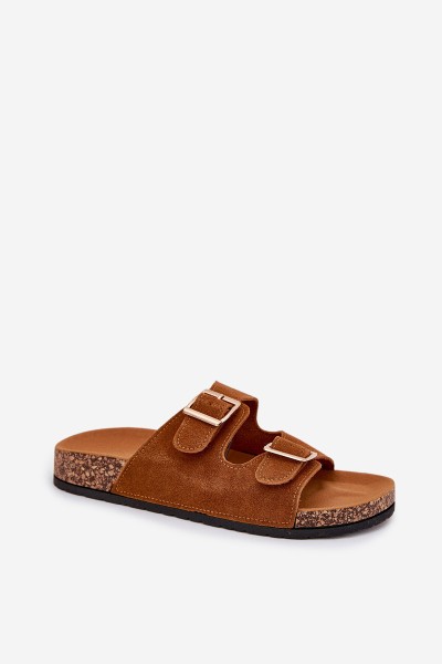 Women's Slippers With Golden Buckles And Stitching Camel Lunera 2