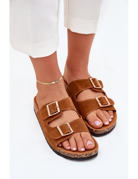 Women's Slippers With Golden Buckles And Stitching Camel Lunera