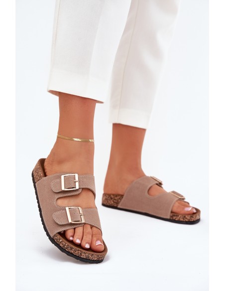 Women's sandals with golden buckles and stitching khaki Lunera
