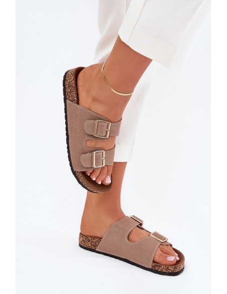 Women's sandals with golden buckles and stitching khaki Lunera