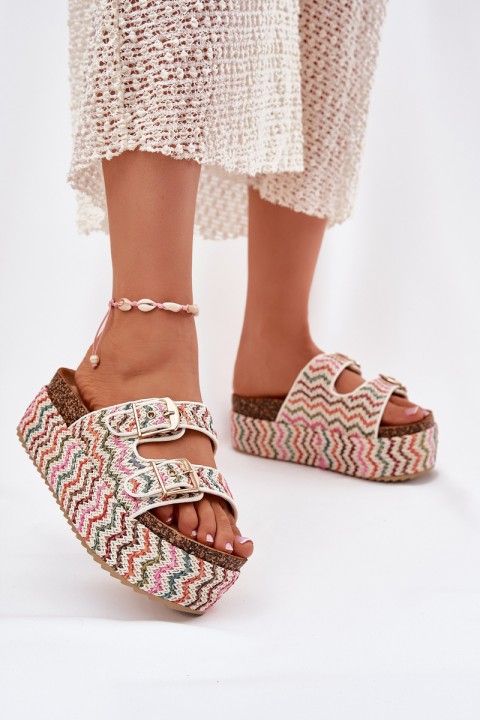 Women's Sandals On Chunky Platform With Weaving And Buckles Multicolor