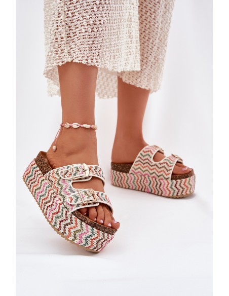 Women's Sandals On Chunky Platform With Weaving And Buckles Multicolor