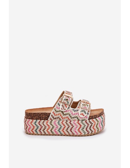 Women's Sandals On Chunky Platform With Weaving And Buckles Multicolor