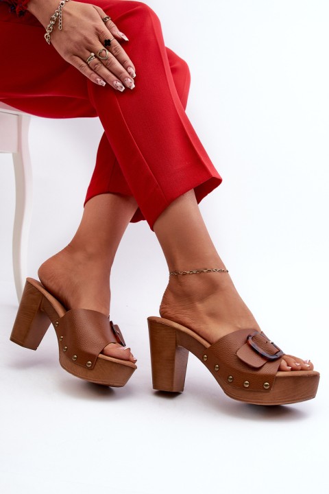 Women's mules with stiletto heel and buckle brown Betinna