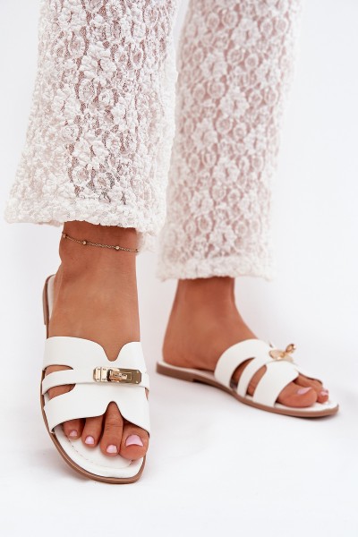 Flat Ladies Slippers With Strap And Golden Detail White Kerenza