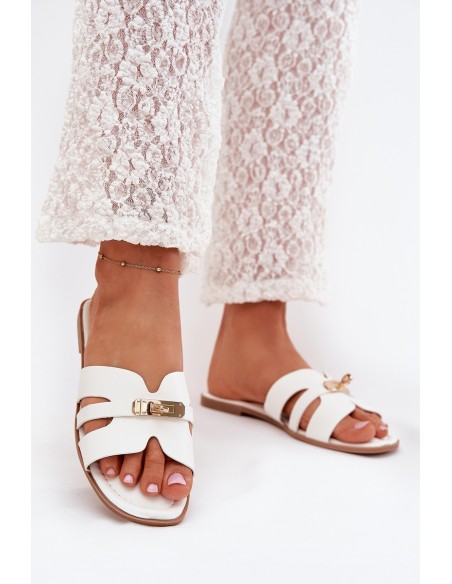 Flat Ladies Slippers With Strap And Golden Detail White Kerenza