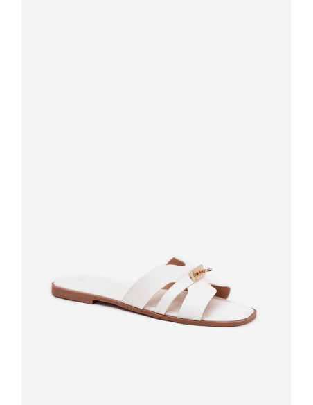 Flat Ladies Slippers With Strap And Golden Detail White Kerenza