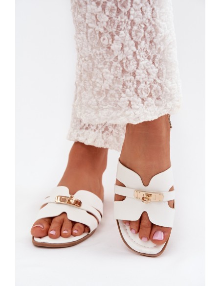 Flat Ladies Slippers With Strap And Golden Detail White Kerenza