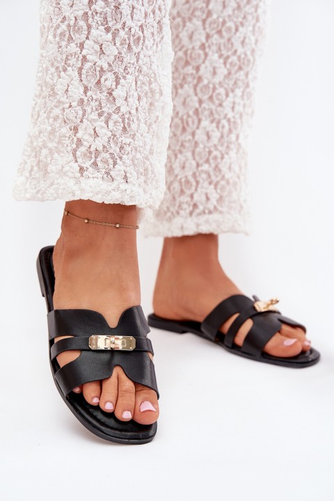 Flat Women's Sandals With Strap And Golden Detail Black Kerenza