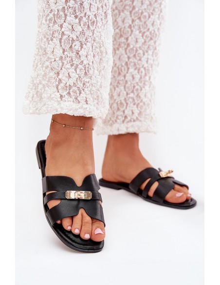 Flat Women's Sandals With Strap And Golden Detail Black Kerenza