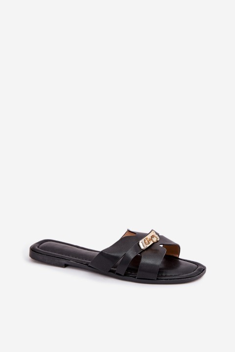 Flat Women's Sandals With Strap And Golden Detail Black Kerenza