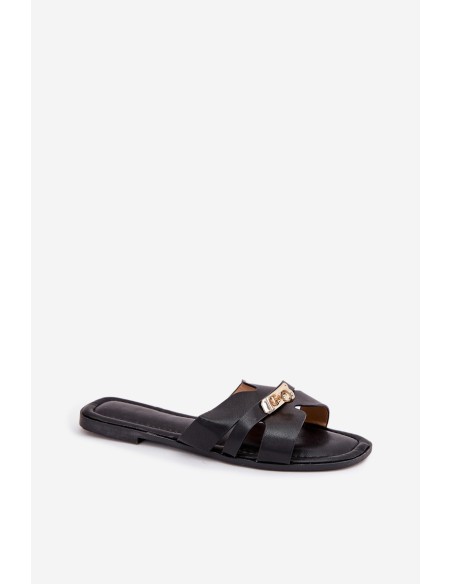 Flat Women's Sandals With Strap And Golden Detail Black Kerenza