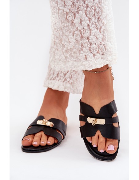 Flat Women's Sandals With Strap And Golden Detail Black Kerenza