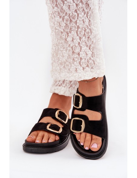 Women's Platform Sandals With Golden Buckles Black Verena