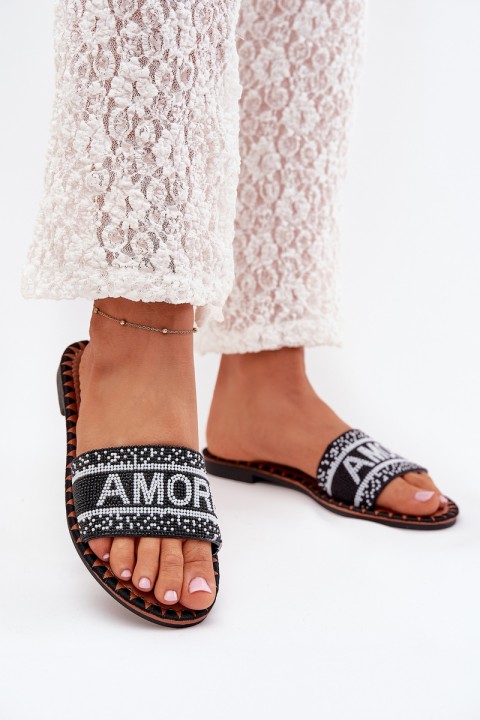 Women's Flat Sandals With Decoration Amore Black Avelina