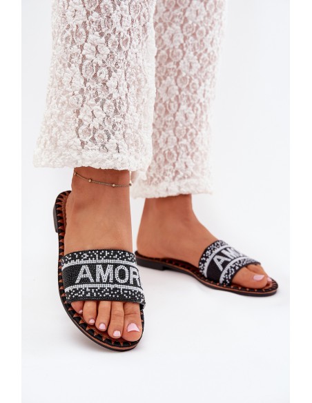 Women's Flat Sandals With Decoration Amore Black Avelina