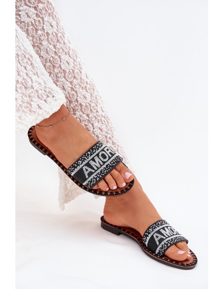 Women's Flat Sandals With Decoration Amore Black Avelina