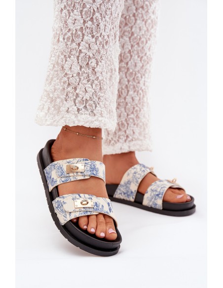 Patterned Ladies Platform Slippers Blue Sorina