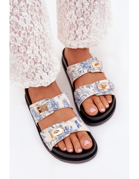 Patterned Ladies Platform Slippers Blue Sorina