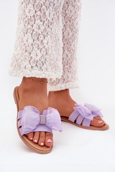 Ladies Flat Heeled Slippers With Tulle Bow Purple Tanira