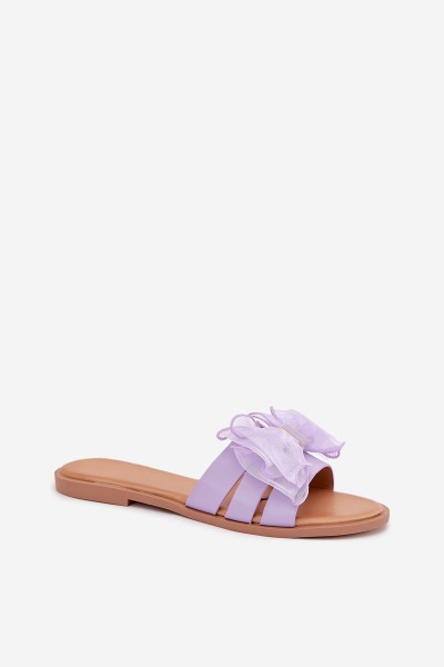 Ladies Flat Heeled Slippers With Tulle Bow Purple Tanira 2