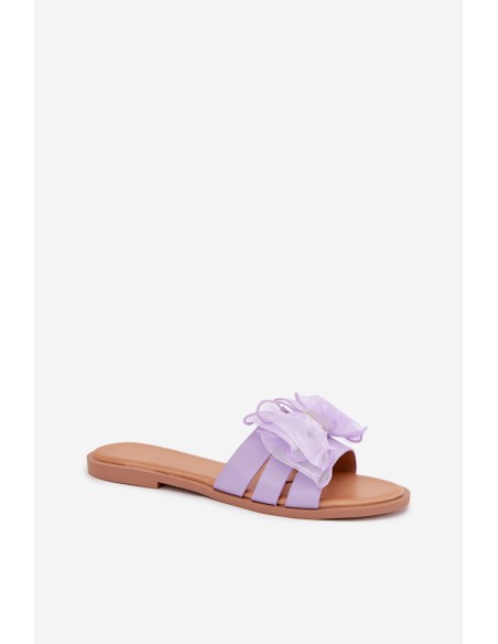 Ladies Flat Heeled Slippers With Tulle Bow Purple Tanira