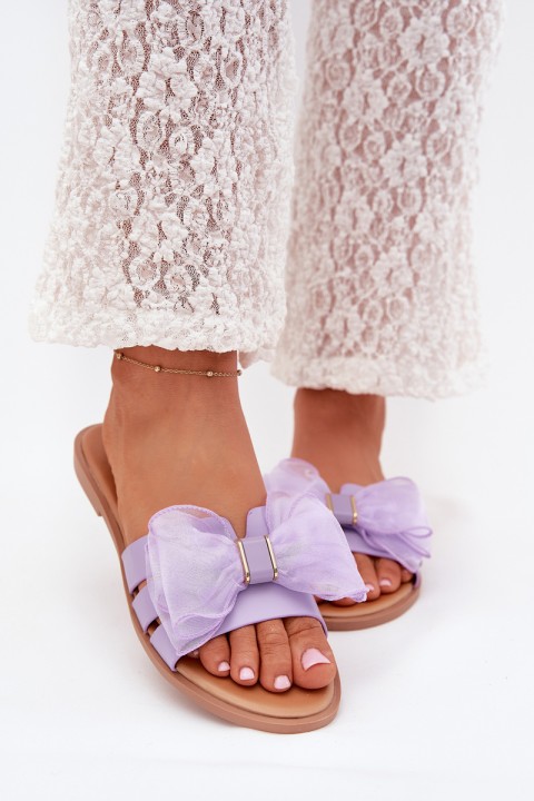 Ladies Flat Heeled Slippers With Tulle Bow Purple Tanira