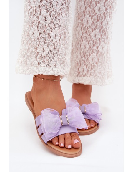 Ladies Flat Heeled Slippers With Tulle Bow Purple Tanira