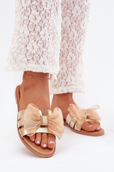 Ladies flat sandals with tulle bow gold Tanira