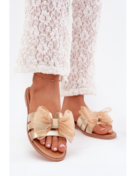 Ladies flat sandals with tulle bow gold Tanira