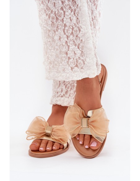 Ladies flat sandals with tulle bow gold Tanira