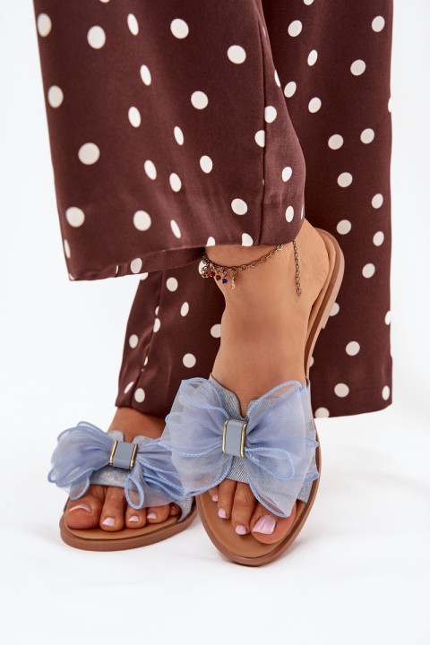 Moteriškos šlepetės plokščiu kulnu ir tiulio kaspinu, džinsinio audinio „Tanira“